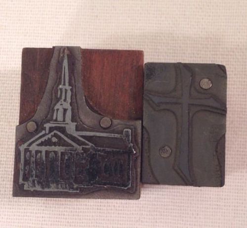 Set of (2) Two Religous Themed Printers Blocks Church Cross