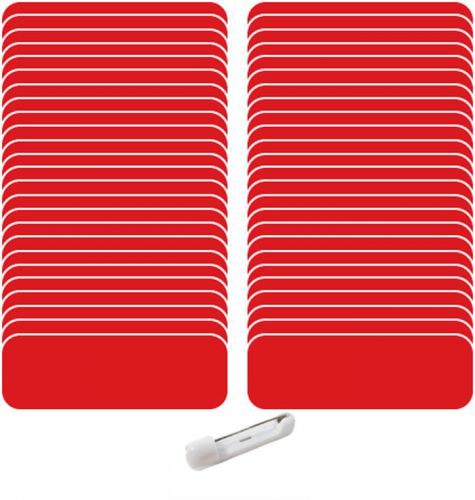 50 BLANK 1 X 3 RED / WHITE NAME BADGES TAGS 1/4&#034; CORNERS &amp; SAFETY PIN  FASTNERS