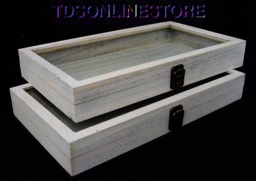 Rustic wood glass top display cases antique white wash color package of 2 for sale