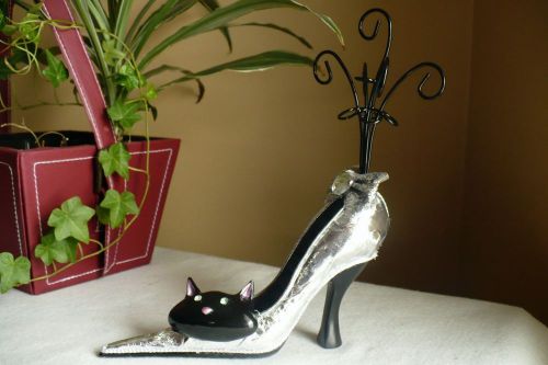 SILVER HIGH HEEL WITH CAT SHOE  JEWELRY HOLDER ring necklace organizer kitten