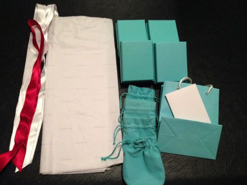 Lot of 4 Empty Cardboard Boxes, 4 Cloth Pouches Paper Bag 3 Ribbons &amp; Tissue