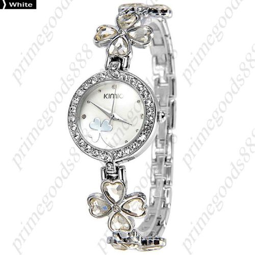 Lucky Four Leaf Clover Rhinestones Bracelet Lady Ladies Wristwatch Women&#039;s White