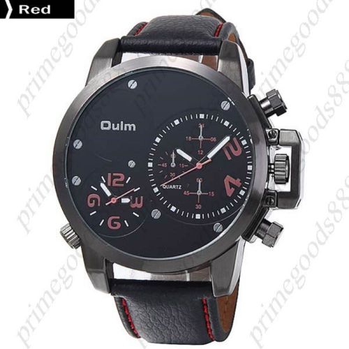 2 Time Zone PU Leather Quartz Wrist Analog Men&#039;s Wristwatch Free Shipping Red