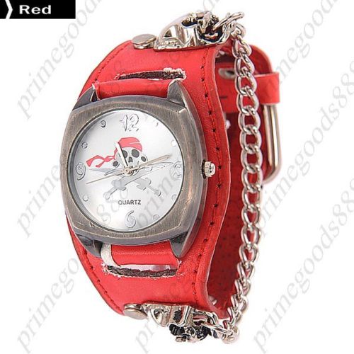 Wide Charm Bandanna Skull Chain Quartz Analog PU Leather Wrist Wristwatch Red