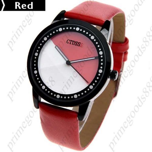 Unisex PU Leather Round Quartz Analog Wrist watch Red Free Shipping WristWatch