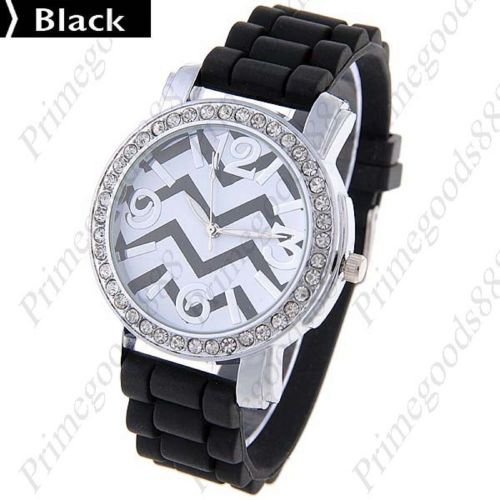 Silicon Band Rhinestone Quartz Wrist Lady Ladies Wristwatch Women&#039;s Black