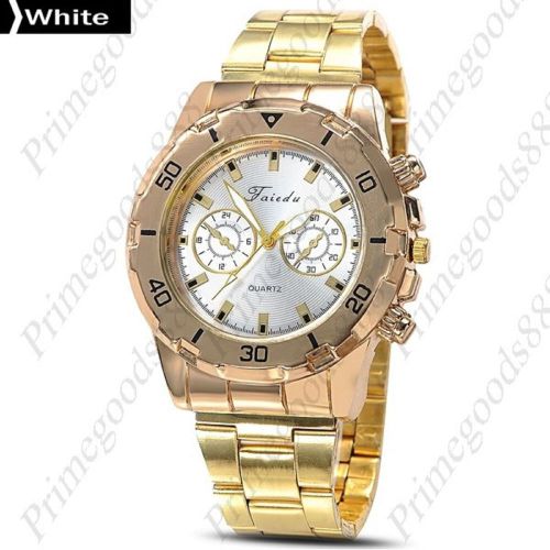 Gold golden alloy crystal sub dials wristwatch quartz analog men&#039;s white face for sale