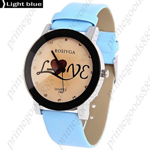 Love Rhinestones PU Leather Ladies Analog Quartz Wristwatch Women&#039;s Light Blue
