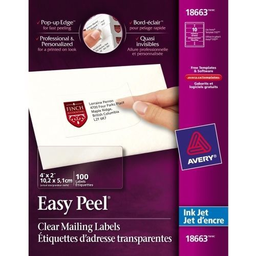 Avery Easy Peel Mailing Label - 2&#034; W x 4&#034; L - 100 / Pack - Rectangle - Clear