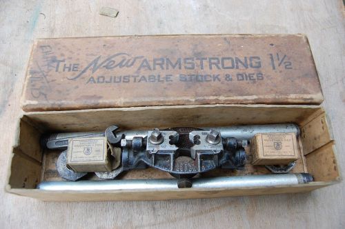 Armstrong Adjustable Stock &amp; Dies No 1-1/2 Double Handle w Box 3/8 1/2 3/4 Dies