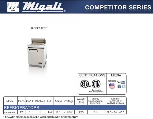 Migali Single Door 27&#034; Big Top 12 Pan Sandwich Prep Table C-SP27-12BT