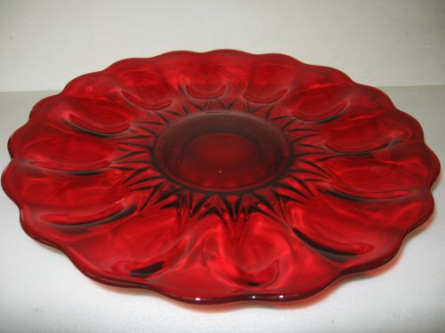 Ruby Red glass Deviled Egg tabletop serving Plate Platter tray hard boiled royal
