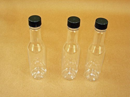 12 Qty  5 oz  Clear Hot Sauce Style Plastic Bottles with Black Cap &amp; Dasher NEW