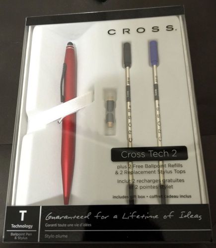 Cross Tech2 Ballpoint &amp; Stylus Pen, Med Pt 0.7mm, Metallic Red Barrel, Brand New