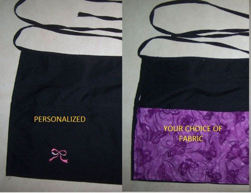 REVERSIBLE black waitress half APRON,3 pockets,personalized with one side plain