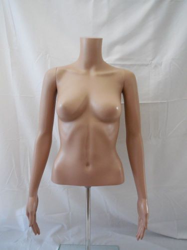 Plastic Female Half Body Mannequin Form Adjustable Height Stand Flesh Tone