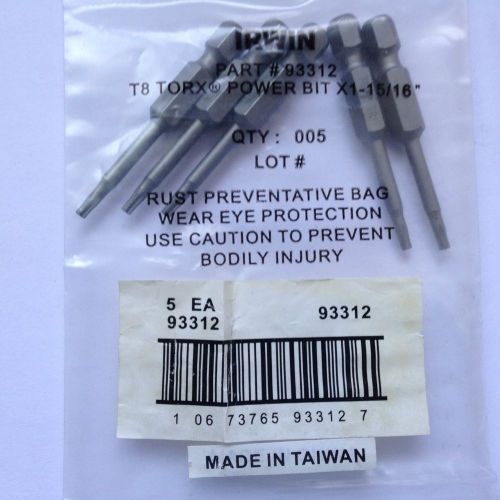 Irwin #93312 torx power bit t8 x ! 15/16&#034; l , 1/4 hex drive  , 5/pk for sale