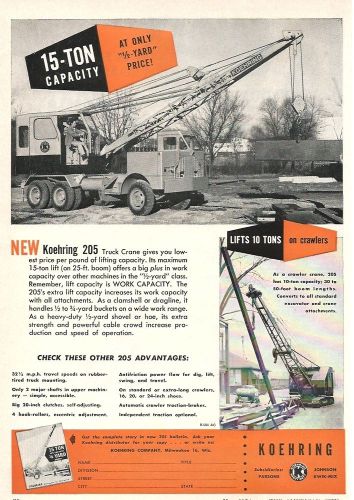 1954 Koehring Model 205 Truck Crane ad, crawler also shown in nice color ad