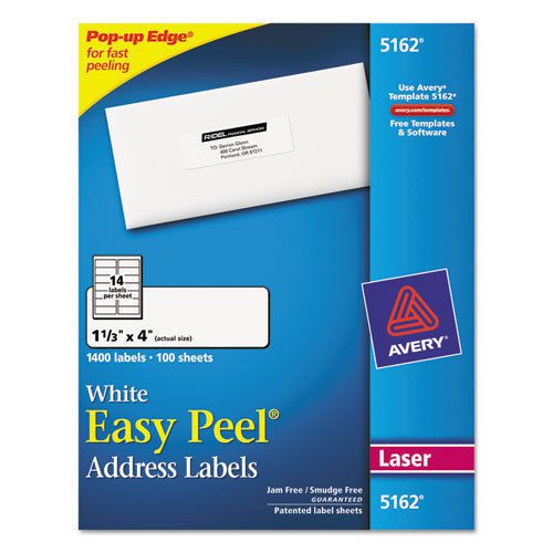 Avery Easy Peel Laser Address Labels, 1-1/3 x 4, White, 1400/Box