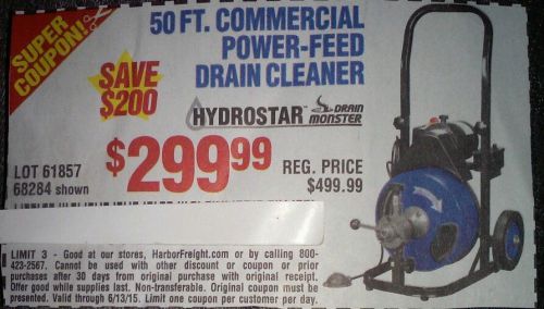 Harbor Freight COUPON 50Ft Commercial Power-Feed Drain Cleaner Save $200