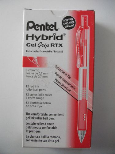 Box of 12 Pentel Hybrid Gel Grip RTX retractable pens K157B .7mm tip RED INK