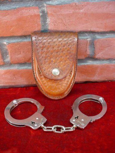 QUALITY PAIR Metal Handcuffs and VINTAGE HAND TOOLED BROWN LEATHER CASE Nice