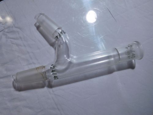 8&#034; pyrex bent angle distillation connecting adapter 3-way 24/40  green font for sale