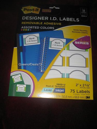 75 Post-it 3M Designer Series ID Labels 3900-U Asstd Colors Removable Adhesive