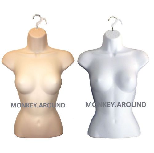 Lot of 2 mannequin female flesh white torso form+2 hook-display dress shirt pant for sale