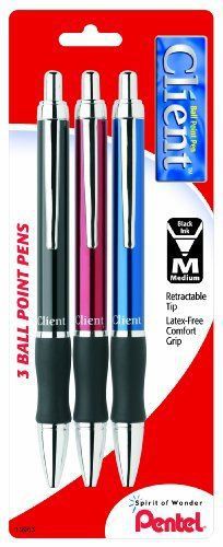 Pentel Client Retractable Ballpoint Pen, Assorted Barrel Colors,  Black Ink,
