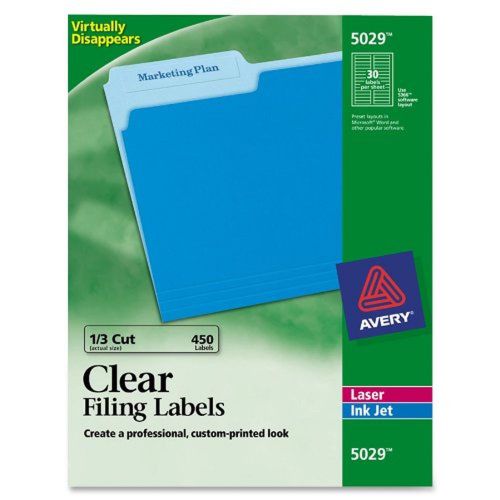 Avery 5029 Clear Self-Adhesive Filing Labels 3-7/16 x 2/3 15 sheets 450 Labels