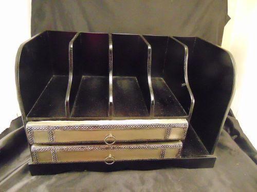 Desk organizer wood black vertical files drawers hammered metal fronts caddy art