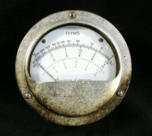 OHMS Gauge Made by Phaostron Co. South Pasadena CA 4 1/2&#034; Diameter - Vintage