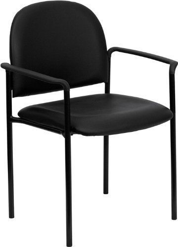Stackable Chair Padded Seat Black Metal Curved Nylon Arms Vinyl Upholstered