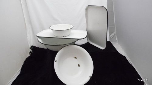 LOT OF 5 VINTAGE ANTIQUE WHITE ENAMELED STEEL BOWLS &amp; TRAYS BASINS MEDICAL FARM