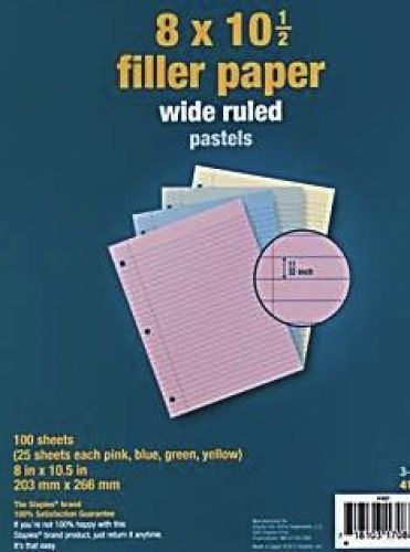 PASTELS - Wide Ruled Filler Paper 100 sheets 8&#034; x 10.5&#034; - 3 Hole - Pink, Blue,