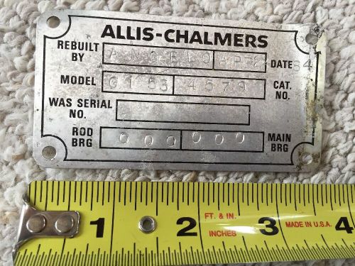 Vintage Engine ENGINE ID Block Serial No Metal Tag Sign Alice Chalmers Rebuild