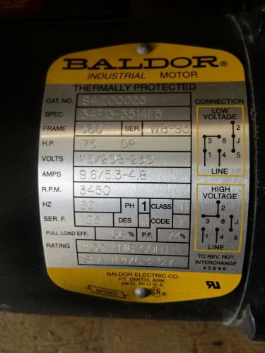 BALDOR 34F13-3514F5, 3/4HP, 3450 RPM, 60HZ. 560 FRAME, 1PH, 9.6/5.3-7.8 AMPS