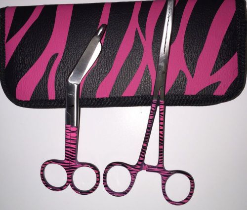 New hemostats forceps bandage scissors set pink zebra straight tip clamps case for sale