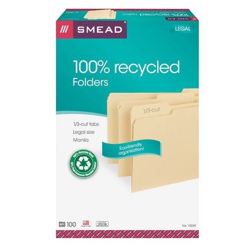Smead File Folder 100% Recycled, 1/3-Cut Tab, Legal Size Manila, 100 per Box