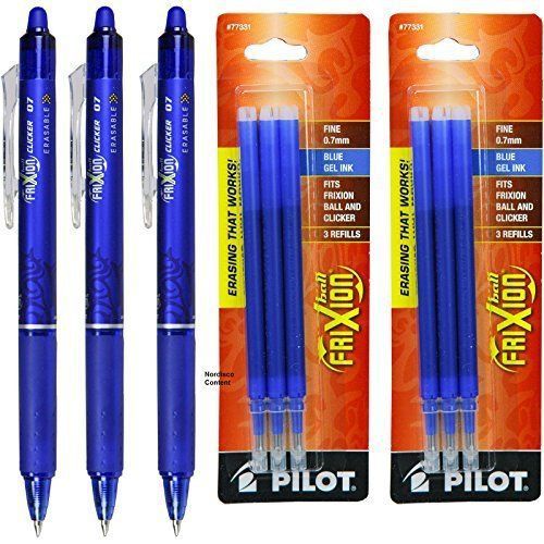 Pilot Frixion Clicker Retractable Erasable Blue Gel Ink Pens, 3 Pens with 2