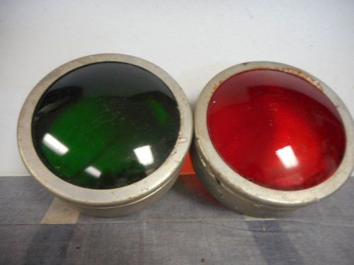 Vintage Glass Metal Green Red Traffic Train Light Covers Shades Pair