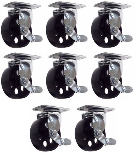 8 All Steel Swivel Plate Caster Wheels w Brake Lock Heavy Duty 3&#034; Wheel 2600Lbs
