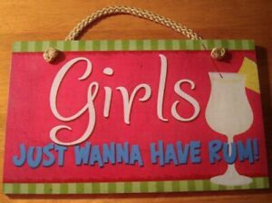 GIRLS JUST WANNA HAVE RUM Pina Colada Tropical Drink on Pink Bar Decor Sign NEW