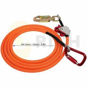 5/8&#034; x 12FT Steel Core Lanyard Flip line Grab Swivel Snap Carabiner Kit Climbing