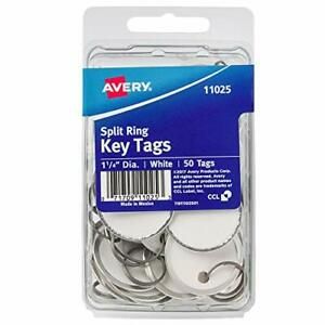 AVERY Metal Rim Key Tags, 1.25&#034; Diameter Tag, Metal Split Ring, White, 50 Tags