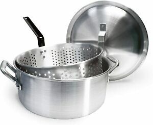 Deep Fryer Pot Lid Basket Strainer Aluminum Fry Fish Chicken Fries Silver 14 Qt