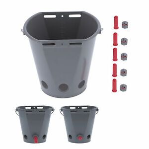 8L Feeder Bucket Farm FoodGrade Plastic Feeding Barrel With 5 Nipples Gray New