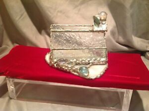 Vintage metal and glass and polished stone Business Card Holder