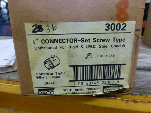 RACO 1/2&#034; CONNECTOR SET SCREW TYPE UNTHREADED  #3002    BOX OF 36